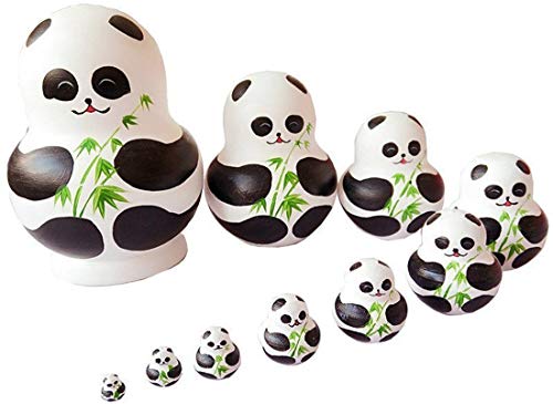 Product Cover Unigift Cute Animal Panda with Bamboo Handmade Wooden Russian Nesting Dolls Matryoshka Dolls Set 10 Pieces for Kids Toy Home Decoration