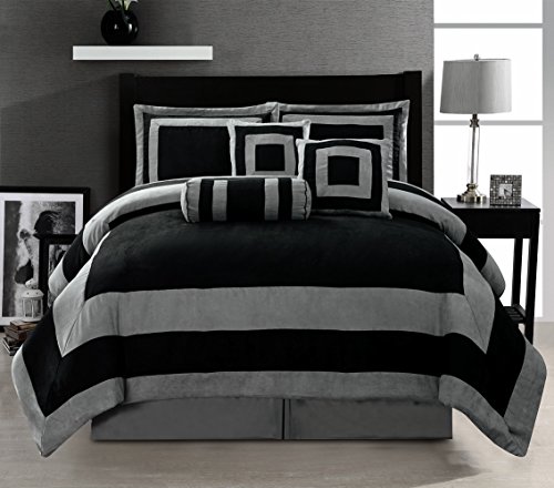Product Cover Grand Linen Oversize Black/Grey Comforter Set Micro Suede Patchwork Bed in A Bag (California) Cal King Size Bedding