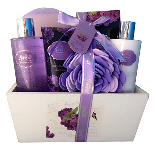 Product Cover Spa Gift Basket, Spa Basket with Lavender Fragrance, Lilac color by Lovestee - Bath and Body Gift Set, Includes Shower Gel, Body Lotion, Hand Lotion, Bath Salt, Flower Bath-Body Sponge and EVA Sponge