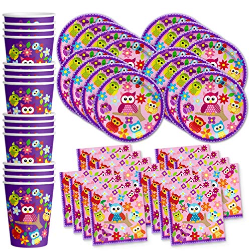 Product Cover Patchwork Owl Birthday Party Supplies Set Plates Napkins Cups Tableware Kit for 16 by Birthday Galore