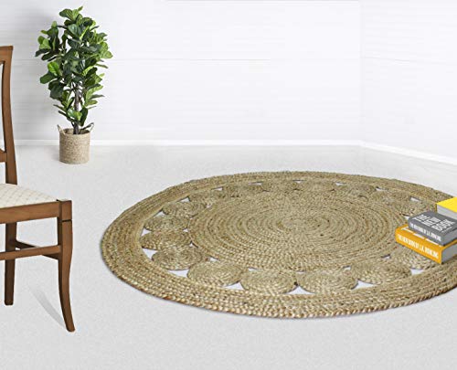 Product Cover Cotton Craft - 100% Pure Natural Eco-Friendly Jute - Fully Reversible - 4 Feet Round - Braided Dots Round Area Rug