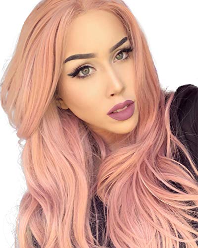 Product Cover K'ryssma Fashion Orange Pink Lace Wig Mixed Color Glueless Long Natural Wavy Middle Part Synthetic Lace Front Wigs For Women Half Hand Tied Heat Resistant 22 Inch