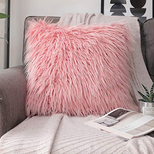 Product Cover Phantoscope Luxury Series Throw Pillow Covers Faux Fur Mongolian Style Plush Cushion Case for Couch Bed and Chair, Pink 18 x 18 inches 45 x 45 cm