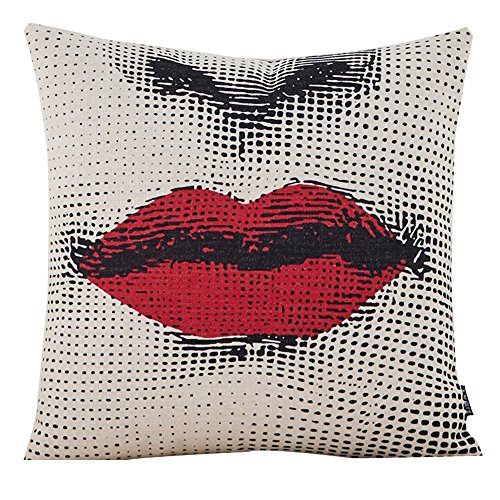 Product Cover MR FANTASY Cotton Linen Throw Pillow Case Decorative Cushion Cover Square Pop Art Red Lips 18X18in