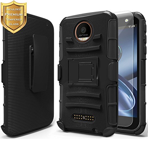 Product Cover Moto Z Play Case with Tempered Glass Screen Protector, NageBee Belt Clip Holster Built-in Kickstand Heavy Duty Shockproof Combo Rugged Armor Durable Case for Motorola Moto Z Play Droid (2016) -Black
