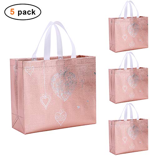 Product Cover Gesodant Bling Glossy Glitter Durable Reusable Grocery Bag Tote Bag Handles Bag,Medium Non-woven Fashionable Present Bag Gift Bag,Goodies Bag Shopping Bag,Promotional Bag,Totes,Set Of 5 - Pink