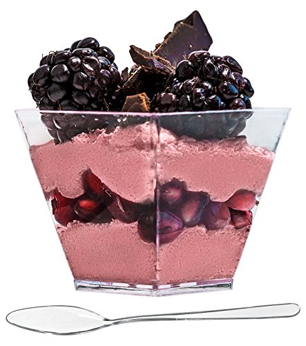 Product Cover Elegant Events ImpiriLux Dessert Cups with Spoons | Pack of 100 Mini 2 oz Square Plastic Dessert Cups + 100 Spoons| Chic Presentation of Desserts, Appetizers and Much More