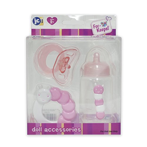 Product Cover JC Toys 3-Piece Pink Accessory Gift Set Includes Bottle, Pacifier, and Rattle Fits Most Dolls - Ages 2+ - Designed by Berenguer Boutique Baby Doll, Pink