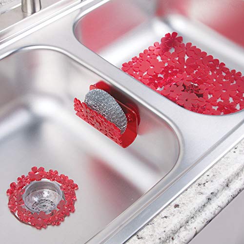 Product Cover mDesign Floral Kitchen Sink Protector Mat, Sponge Holder, Drain Strainer - Set of 3, Red