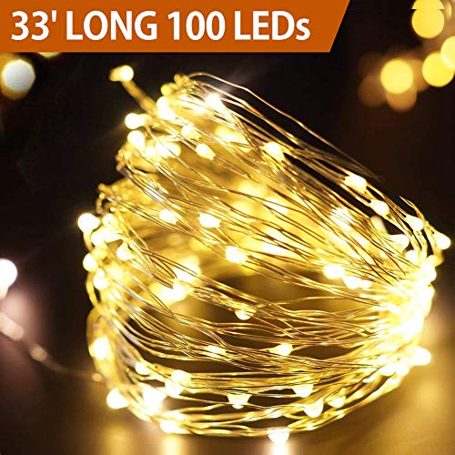 Product Cover Bright Zeal 33' Long LED Warm White Christmas String Lights White Wire Battery Operated - Outdoor Warm White LED String Lights Battery Powered with Timer Silver Wire - Warm White Fairy Lights Battery