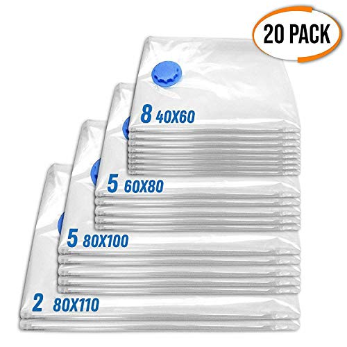 Product Cover 20 Bags! Premium Heavy Duty Vacuum Storage Bags Set with Free Pump| Reusable Travel Space Saver Bags| Waterproof & High Strength Double Zip Seal| 4 Sizes Including 2 Giant Bags! 80% More Space.