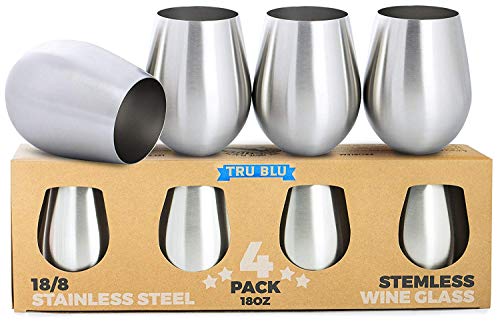 Product Cover Stainless Steel Wine Glasses - Set of 4 Large & Elegant Stemless Goblets (18 oz) - Unbreakable, Shatterproof Metal Drinking Tumblers