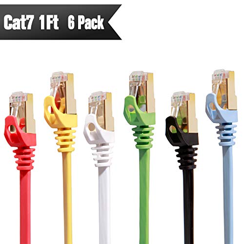 Product Cover Cat 7 Ethernet Cable 1 ft 6 Pack (Highest Speed Cable) Cat7 Flat Shielded Ethernet Patch Cables - Internet Cable for Modem, Router, LAN, Computer - Compatible with Cat 5e, Cat 6 Network