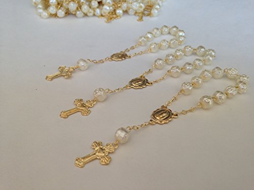 Product Cover 25 Pc Ivory Color Baptism Favors Gold Plated Accents Mini Rosaries Gold Plated Acrylic Beads/Recuerditos De Bautismo/Christening Favors/Decenarios/Decades/Finger Rosaries