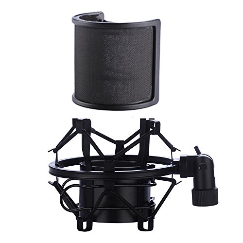 Product Cover Microphone Shock Mount with Pop Filter, Mic Anti-Vibration Suspension Shock Mount Holder Clip for Diameter 46mm-53mm Microphone
