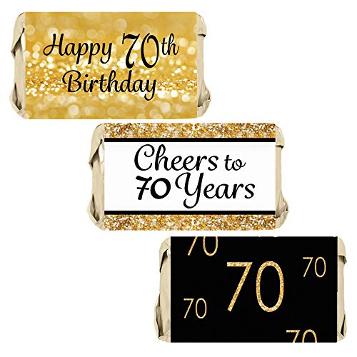 Product Cover DISTINCTIVS Black and Gold 70th Birthday Party Mini Candy Bar Wrappers - 45 Stickers