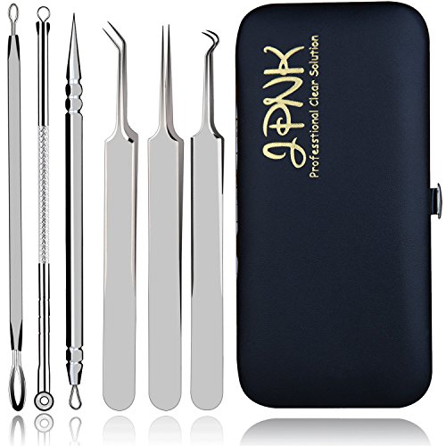 Product Cover JPNK Blackhead Remover Comedones Extractor Acne Removal Kit for Blemish, Whitehead Popping, Zit Removing for Nose Face Tools with a Leather bag (6 Pcs, 3 Tweezers Pack)