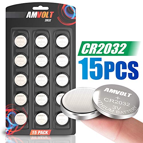 Product Cover AmVolt 15 Pack CR2032 Battery [Ultra Power] 20MM - Best 3 Volt Lithium Watch Batteries - 600mAh - 3V CMOS Coin Button Cell - Fob Car Remote Key CR 2032 [Expires 2023]