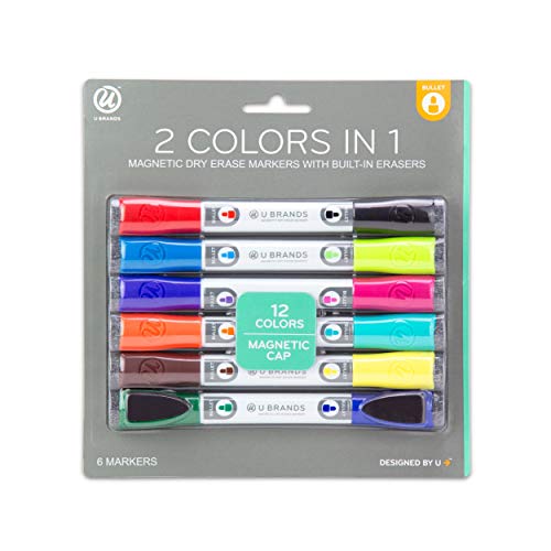 Product Cover U Brands Low Odor Magnetic Double Ended Dry Erase Markers With Erasers, Bullet Tip, Assorted Colors, 6-Count