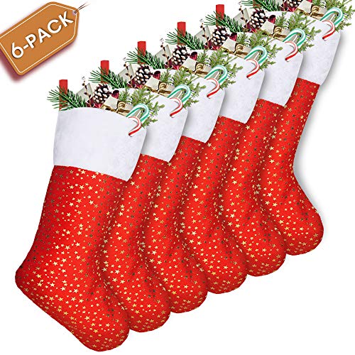Product Cover LimBridge Christmas Stockings, 6 Pack 18 inches Golden Star with White Plush Trim, Classic Personalized Large Stocking Decorations for Family Holiday Season Decor, Red