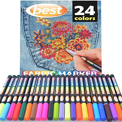 Product Cover Best Fabric Markers (PACK OF 24 PENS) Non-Toxic - Set of 24 Individual Colors - NO DUPLICATES - Bullet Tip - Machine Washable Paint - Perfect for Writing on Clothes, Clothing, Jeans, Pants, and Shirts