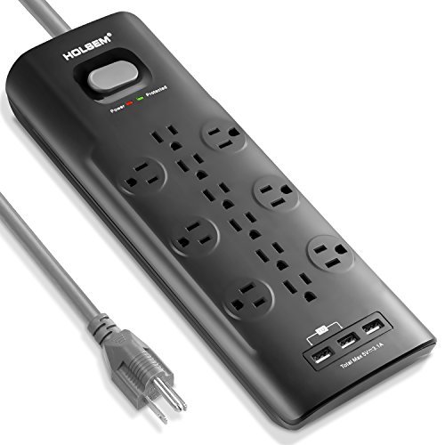 Product Cover HOLSEM 12 Outlets Surge Protector Power Strip with 3 Smart USB Charging Ports (5V/3.1A) and 6' Heavy Duty Extension Cord, for Home, Office, Computers, Appliances, Equipment (4000 Joules) - Black