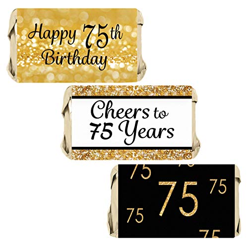 Product Cover DISTINCTIVS Black and Gold 75th Birthday Party Mini Candy Bar Wrappers - 45 Stickers