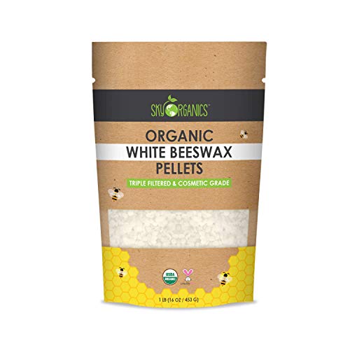 Product Cover Sky Organics USDA Organic White Beeswax Pellets (1lb) Pure Bees Wax No Toxic Pesticides or Chemicals - 3 x Filtered, Easy Melt Pastilles- for DIY, Candles, Skin Care, Lip Balm