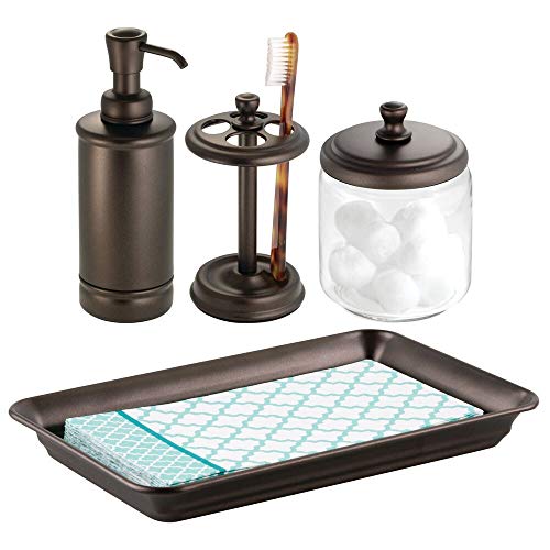 Product Cover mDesign Classic Bath Accessory Set for Bathroom Vanity Countertops and Sinks, Includes Glass Canister Jar, Toothbrush Holder, Soap Pump Dispenser and Vanity Tray, Set of 4 - Bronze