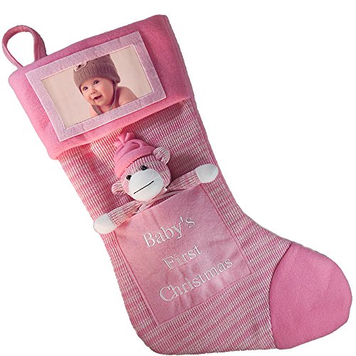Product Cover Baby's First Christmas Stocking; Baby Girl Stocking with Removable Soft Toy; with Picture Frame - Personalize it with Baby's Picture! (Pink)