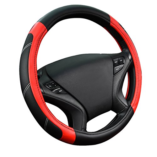 Product Cover CAR PASS Line Rider Leather Universal Steering Wheel Cover fits for Truck,SUV,Cars(Black and Red)