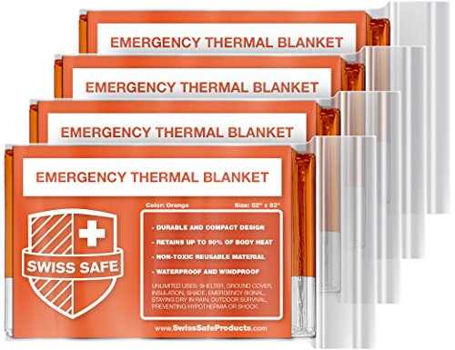 Product Cover Swiss Safe Emergency Mylar Thermal Blankets (4-Pack) + Bonus Signature Gold Foil Space Blanket: Designed for NASA, Outdoors, Hiking, Survival, Marathons or First Aid