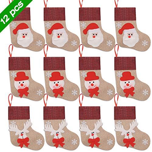 Product Cover Ivenf Christmas Mini Stockings, 12 Pcs 7 inches Burlap with 3D Santa Snowman Reindeer, Gift Card Silverware Holders, Bulk Treats for Neighbors Kids, Small Rustic Red Xmas Tree Decorations Set