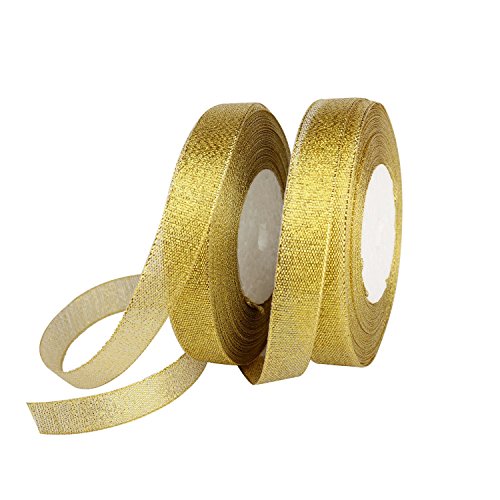Product Cover Feyarl Glitter Metallic Gold Ribbon 5/8-inch Wide Sparkly Fabric Ribbon Gift Crafters Sewing Ribbon Wedding Party Brithday Wrap Card Making Ribbon Hair Bows Floral Projects Ribbon (Gold)