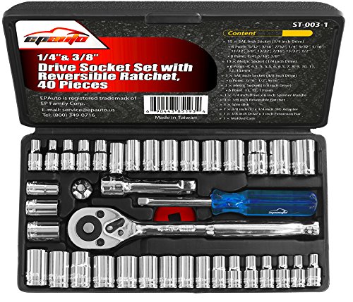 Product Cover 40 Pieces - EPAuto 1/4-Inch & 3/8-Inch Drive Socket Set with 72 Teeth Reversible Ratchet