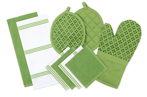 Product Cover Sticky Toffee Silicone Printed Oven Mitt & Pot Holder, Cotton Terry Kitchen Dish Towel & Dishcloth, Green, 9 Piece Set