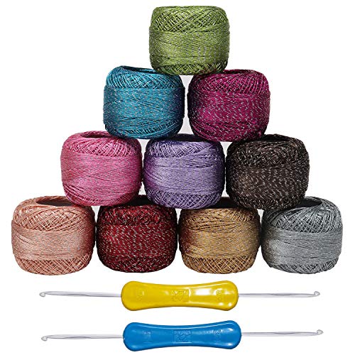 Product Cover 10 x Sparkly Colorful Glitter Thread Set with 2 Crochet Hooks - 92.95 Yards Assorted Color Crochet Thread - Crochet Yarn Skeins Balls - 929.50 Yards in Total for Beginners or Crochet Enthusiasts