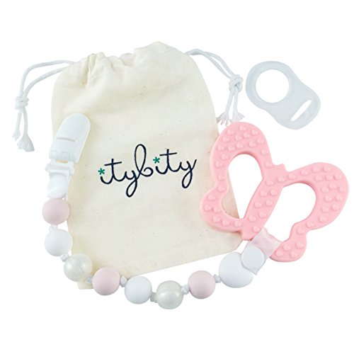 Product Cover Butterfly Teething Toy and Pacifier Clip, BPA Free Silicone Teether (Pink/Pearl)
