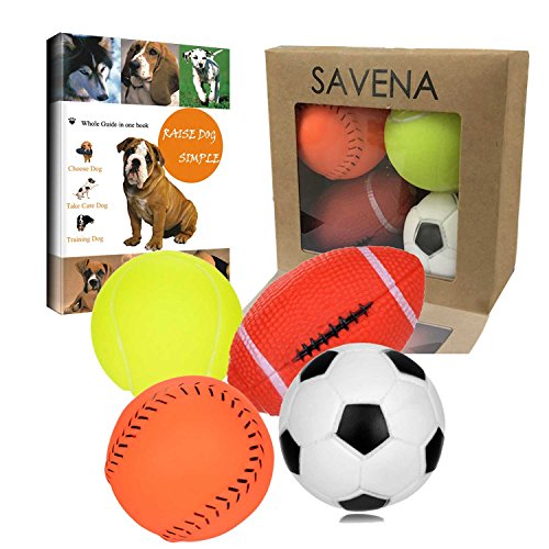 Product Cover Savena Squeaky Dog Ball Bite Resistant Squeaker No Stuffing Dog Toy Assorted Types Colors,4-Pack (Medium Sport Ball Pack of 4)