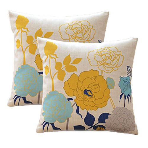 Product Cover sykting Sofa Pillow Cases Square Pillow Covers 18 x 18 Pack of 2 Spring Flowers Series Cotton Linen Decorative Cushion Covers