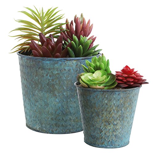 Product Cover Mini Rustic Metal Succulent Planters, Round Flower Display Pots, Set of 2, Teal