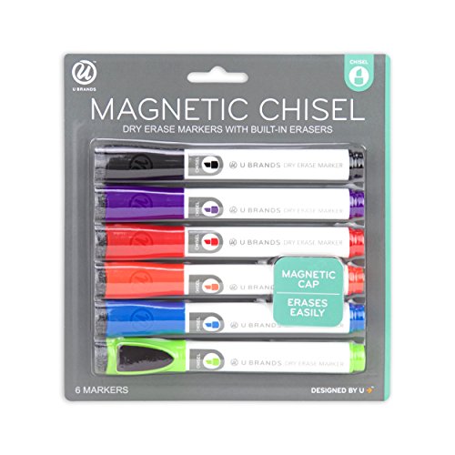 Product Cover U Brands Low Odor Magnetic Dry Erase Markers With Erasers, Chisel Tip, Assorted Colors, 6-Count