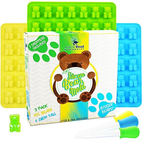 Product Cover BIGGER Gummy Bear Mold Silicone 3 PACK - 3 DROPPERS + RECIPE PDF ~ LARGE LFGB FDA Gummy Bears molds non BPA Candy Molds - BIG 1 Inch Gummie Bears Ice Cube Chocolate Gelatin Trays Set