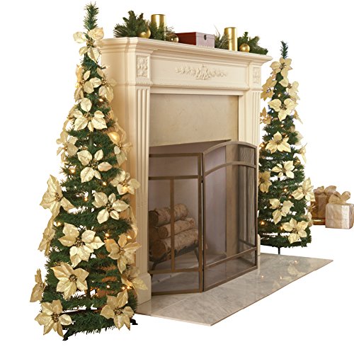 Product Cover Collections Etc. Lighted Holiday Poinsettia Pull-Up Christmas Tree with White Poinsettias, White Lights and Greenery
