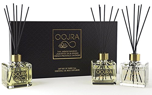 Product Cover 3 Reed Diffusers Aromatherapy Essenial Oil Gift Set; Thai Jasmine Bamboo, Laos White Tea & Ginger, French Provence Lavender; premium black reeds, each decor bottle is 2 oz, 6oz total (lasts 5+ months)