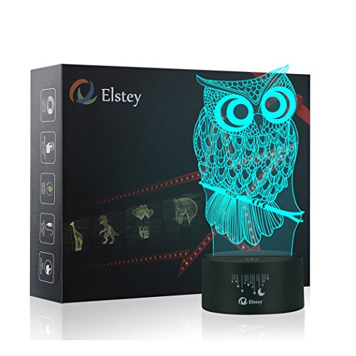 Product Cover Owl 3D Illusion Lamp, Elstey 7 Color Changing Touch Table Desk LED Night Light Great Kids Gifts Home Decoration
