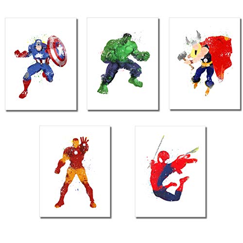 Product Cover Superhero Watercolor Prints - Set of 5 Photos (8.5 inches x 11 inches)