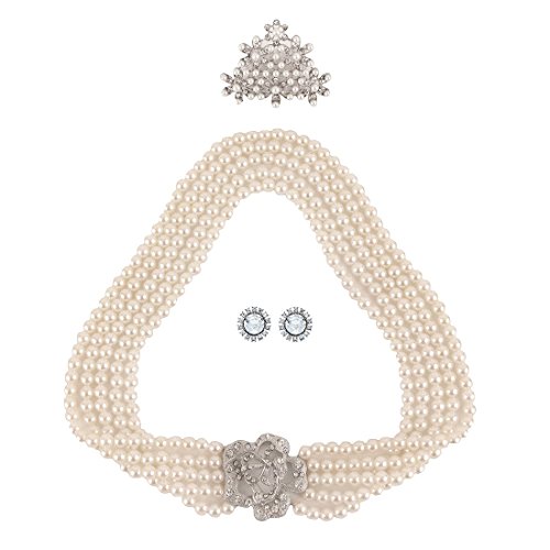 Product Cover Utopiat flapper costume jewelry set-Audrey Hepburn Breakfast at Tiffany's Bridal Pearl Jewelry Set for Flapper Vintage Costume, silver, Large