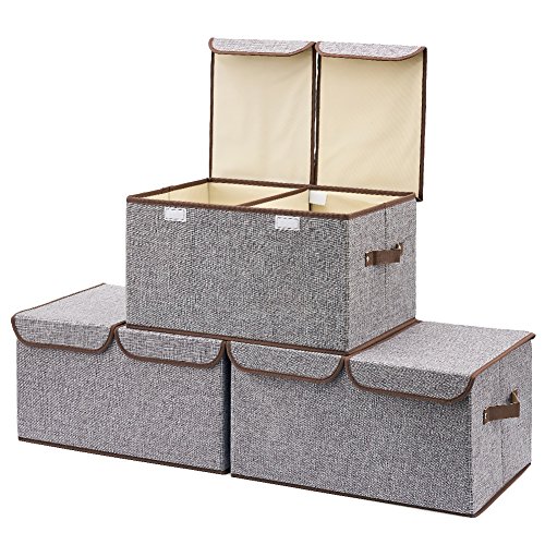 Product Cover EZOWare Large Storage Boxes [3-Pack] Large Linen Fabric Foldable Storage Cubes Bin Box Containers with Lid and Handles for Nursery, Closet, Kids Room, Toys, Baby Products (Gray)