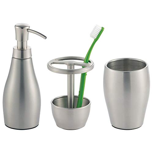 Product Cover mDesign Metal Bathroom Vanity Countertop Accessory Set - Includes Refillable Soap Dispenser, Divided Toothbrush Stand, Tumbler Rinsing Cup - 3 Pieces - Brushed Stainless Steel